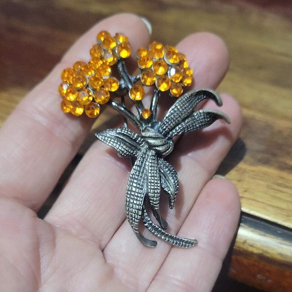 Vintage Floral Brooch with Orange Accents